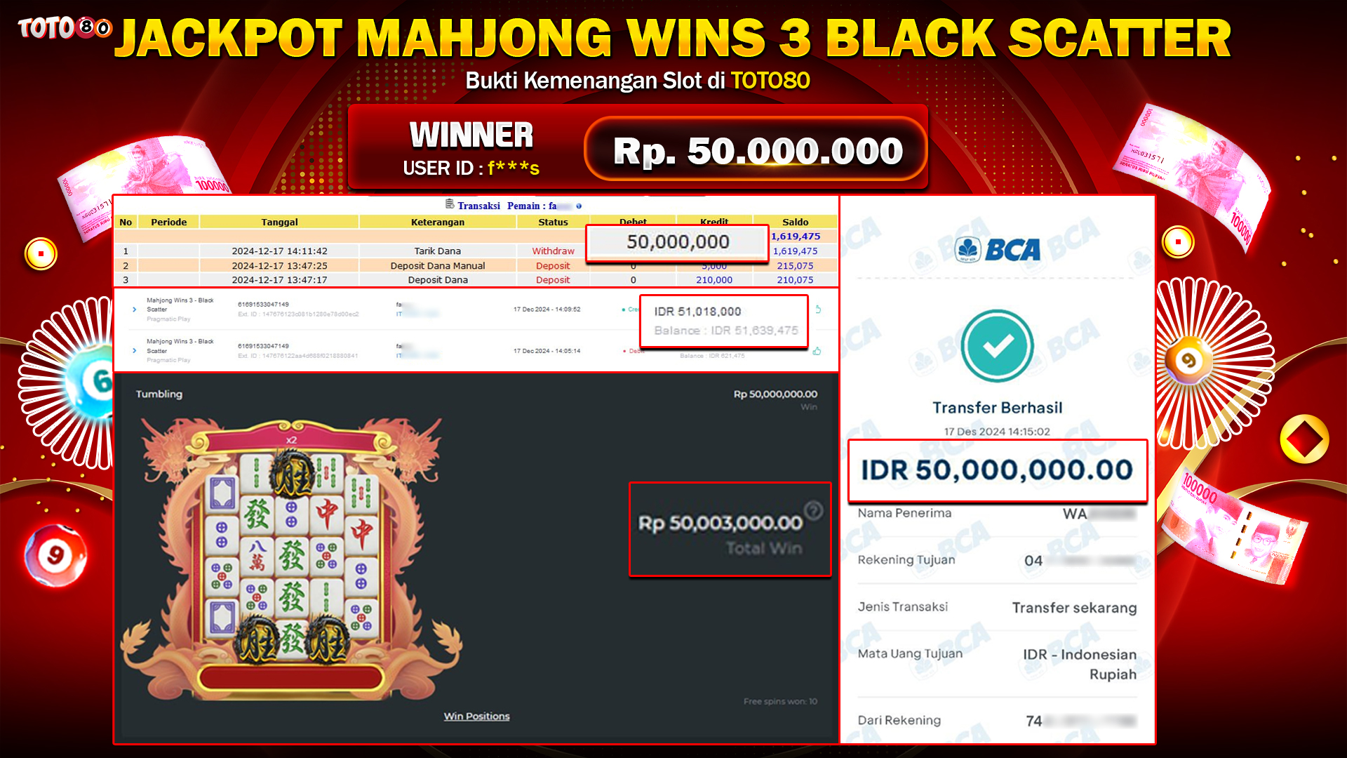 TOTO80 JACKPOT SLOT MAHJONG WINS 3 BLACK SCATTER  Rp.50.000.000,- LUNAS