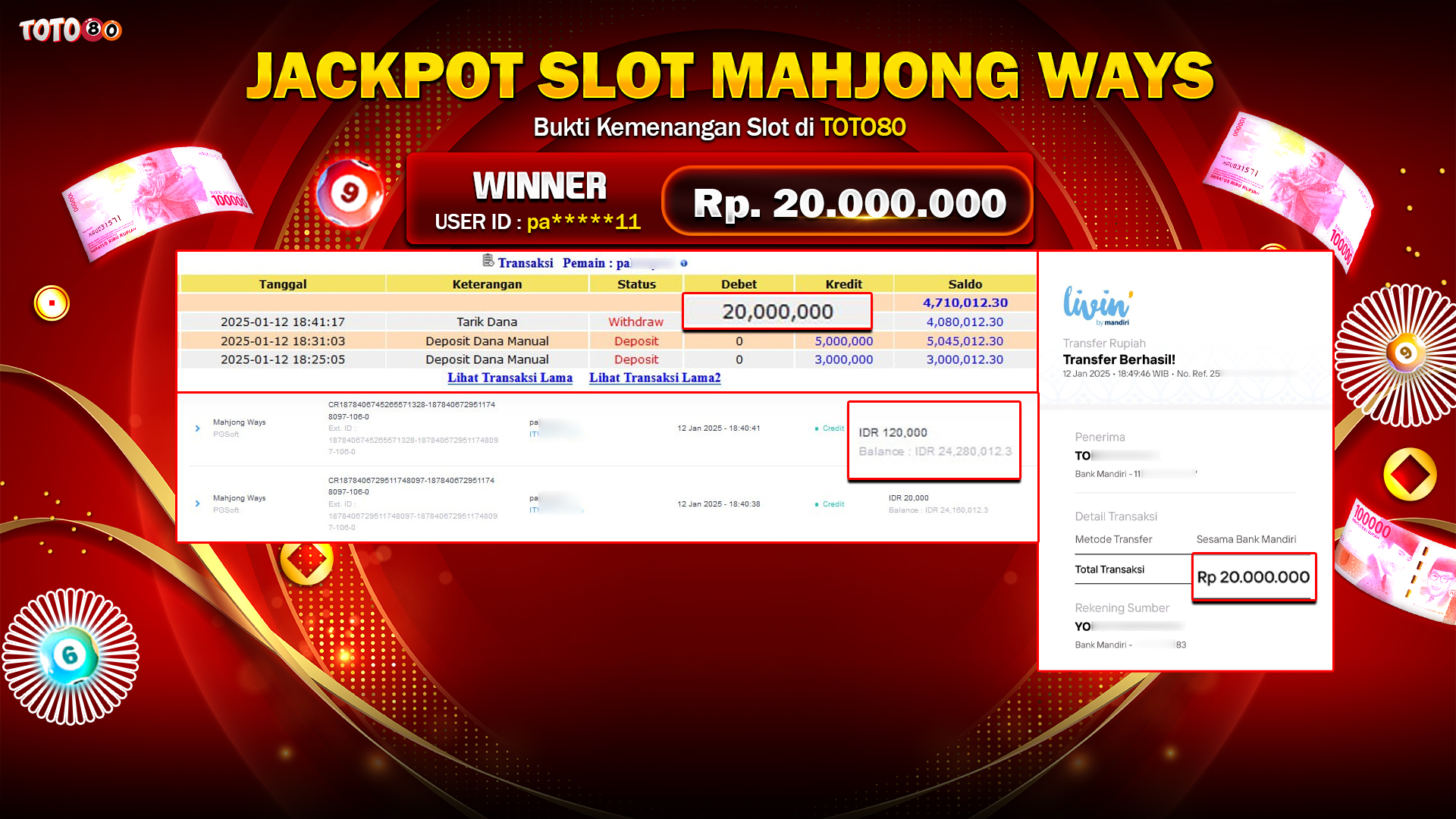 TOTO80 JACKPOT SLOT MAHJONG WAYS  Rp.20.000.000,- LUNAS