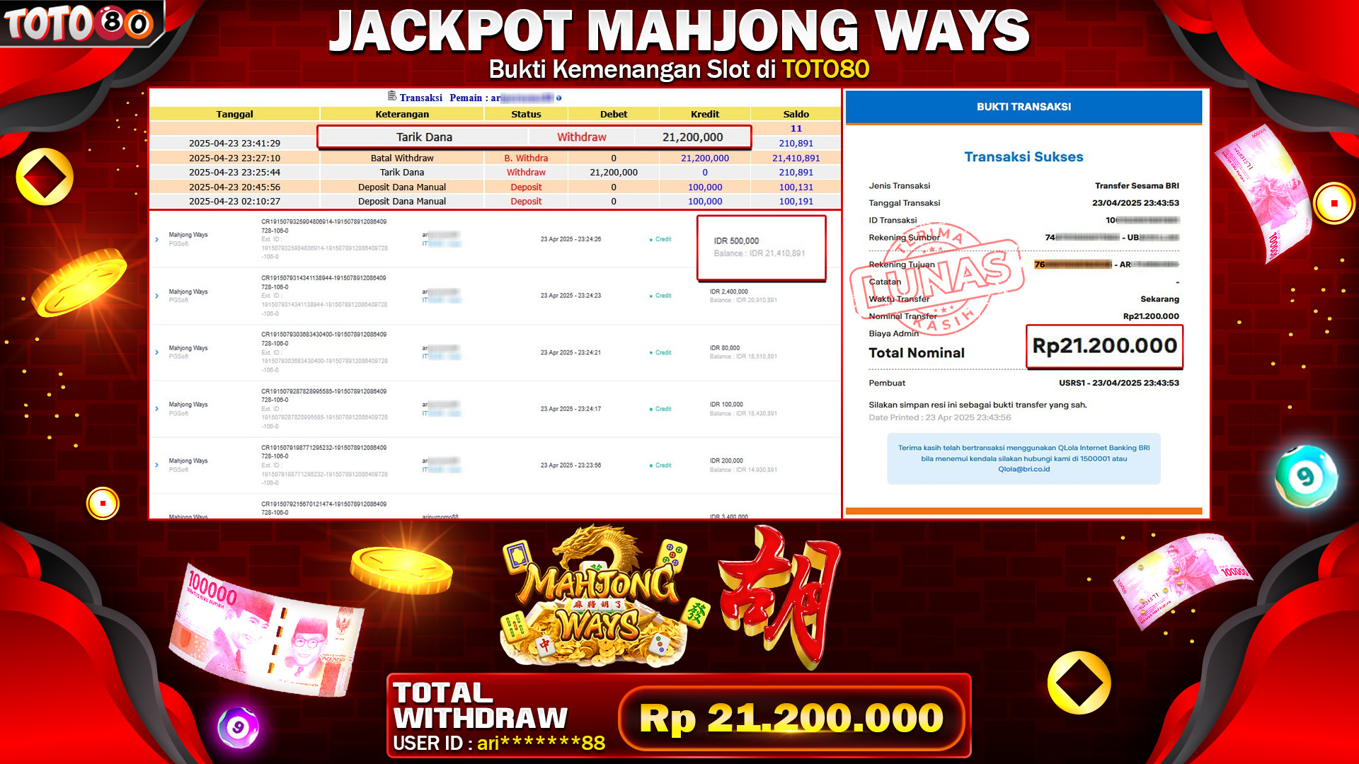 TOTO80 JACKPOT MAHJONG WAYS  Rp.21.200.000,- LUNAS