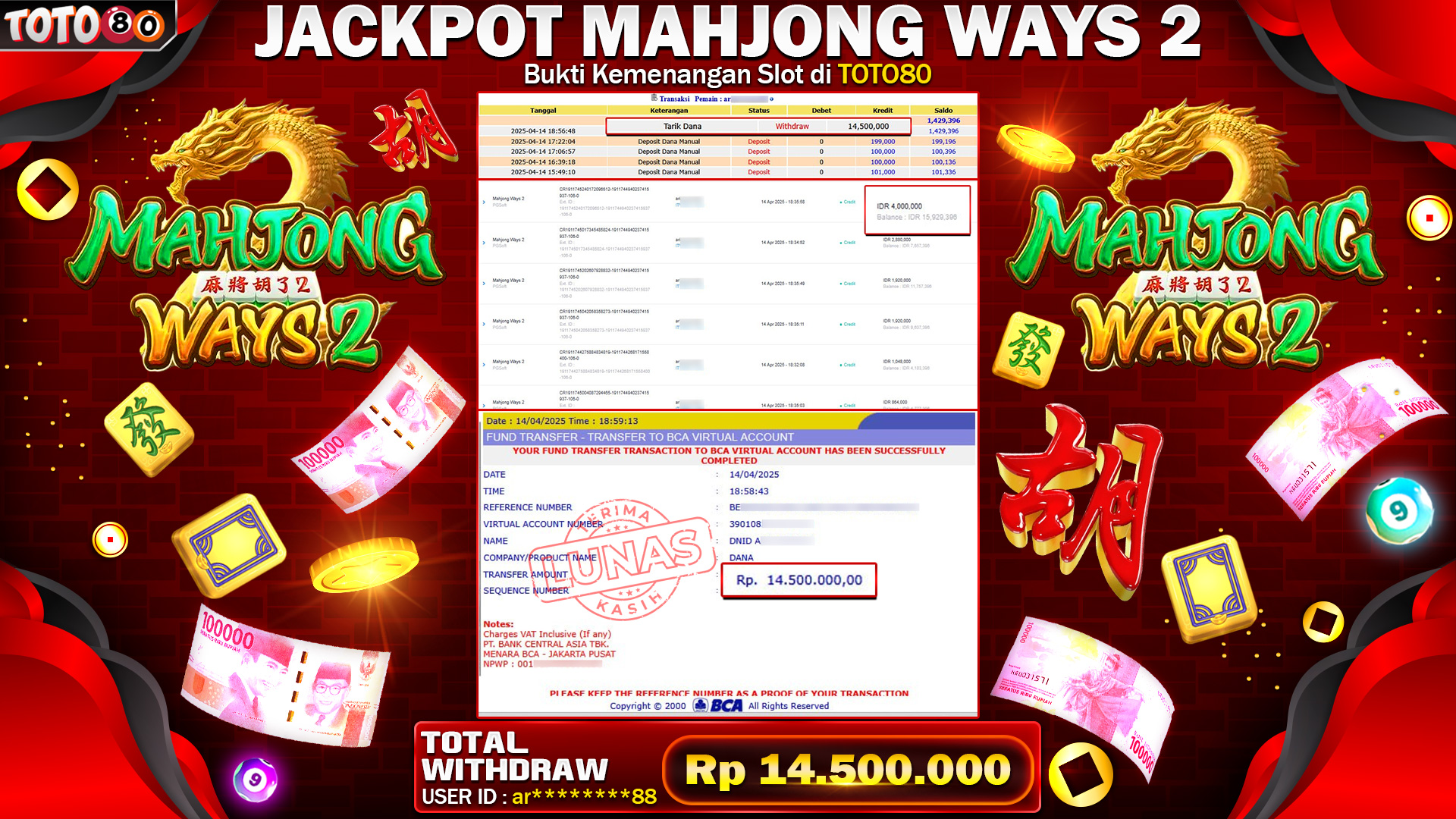 TOTO80 JACKPOT MAHJONG WAYS 2 Rp.14.500.000,- LUNAS