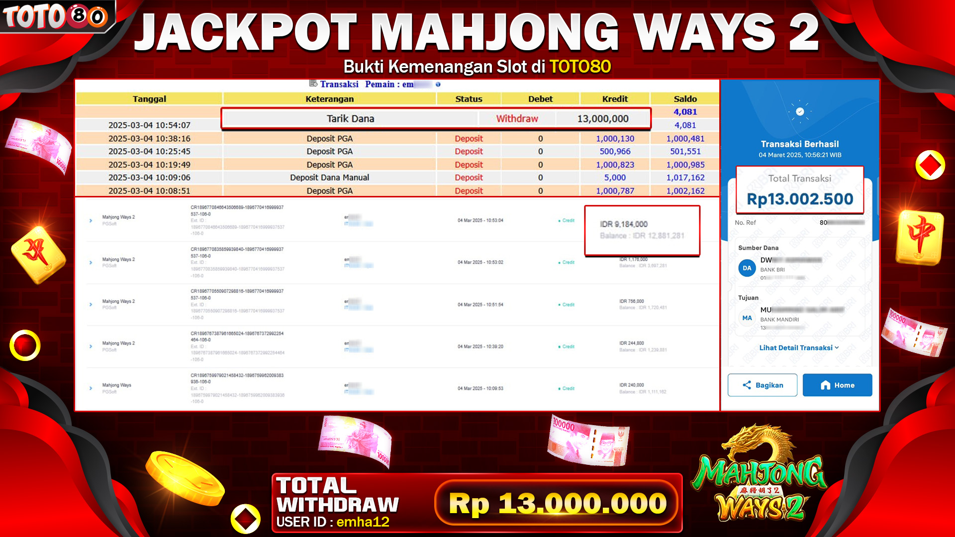 TOTO80 JACKPOT MAHJONG WAYS 2 Rp.13.000.000,- LUNAS
