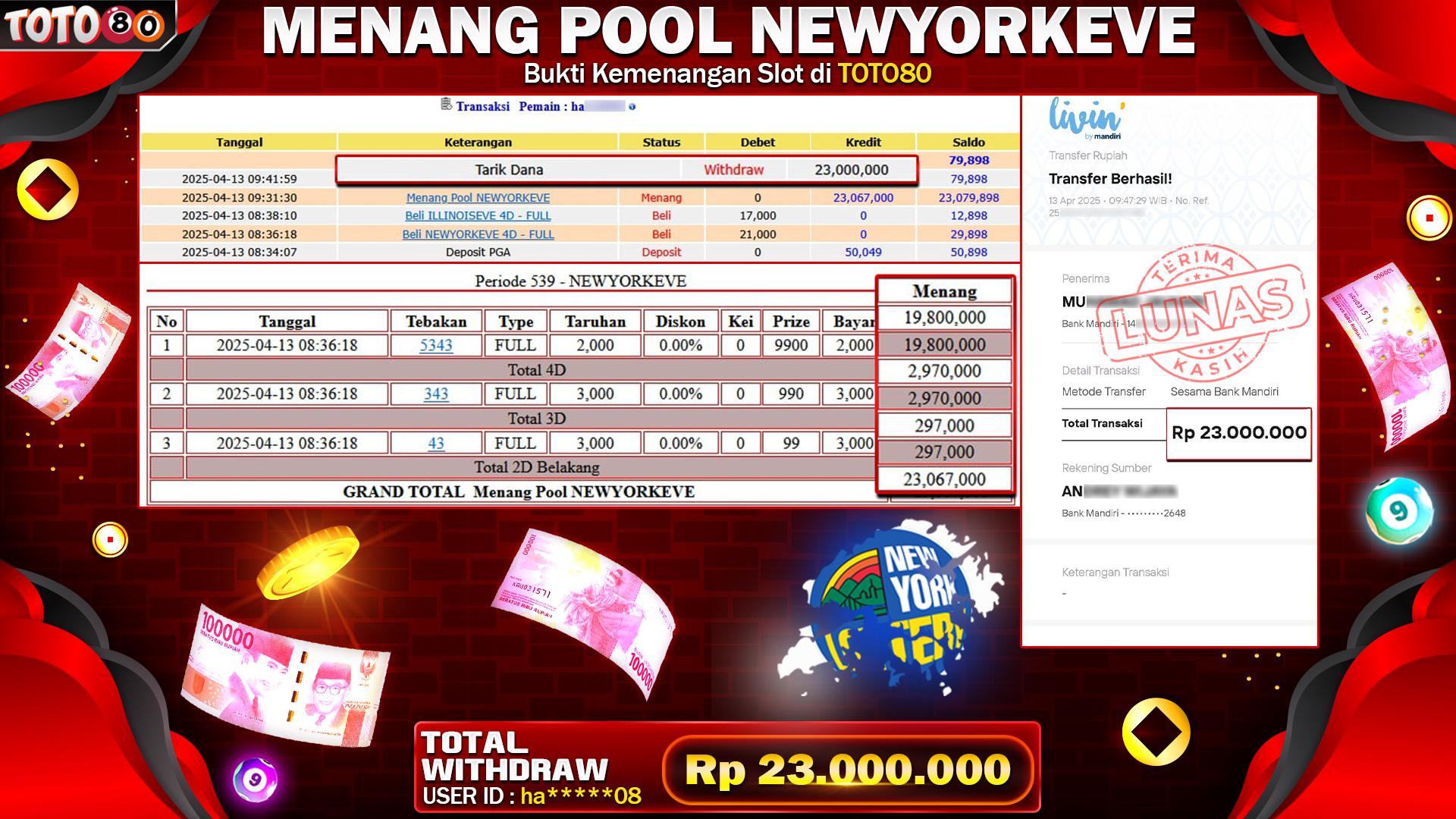 TOTO80 MENANG POOL NEWYORKEVE Rp.23.000.000,- LUNAS