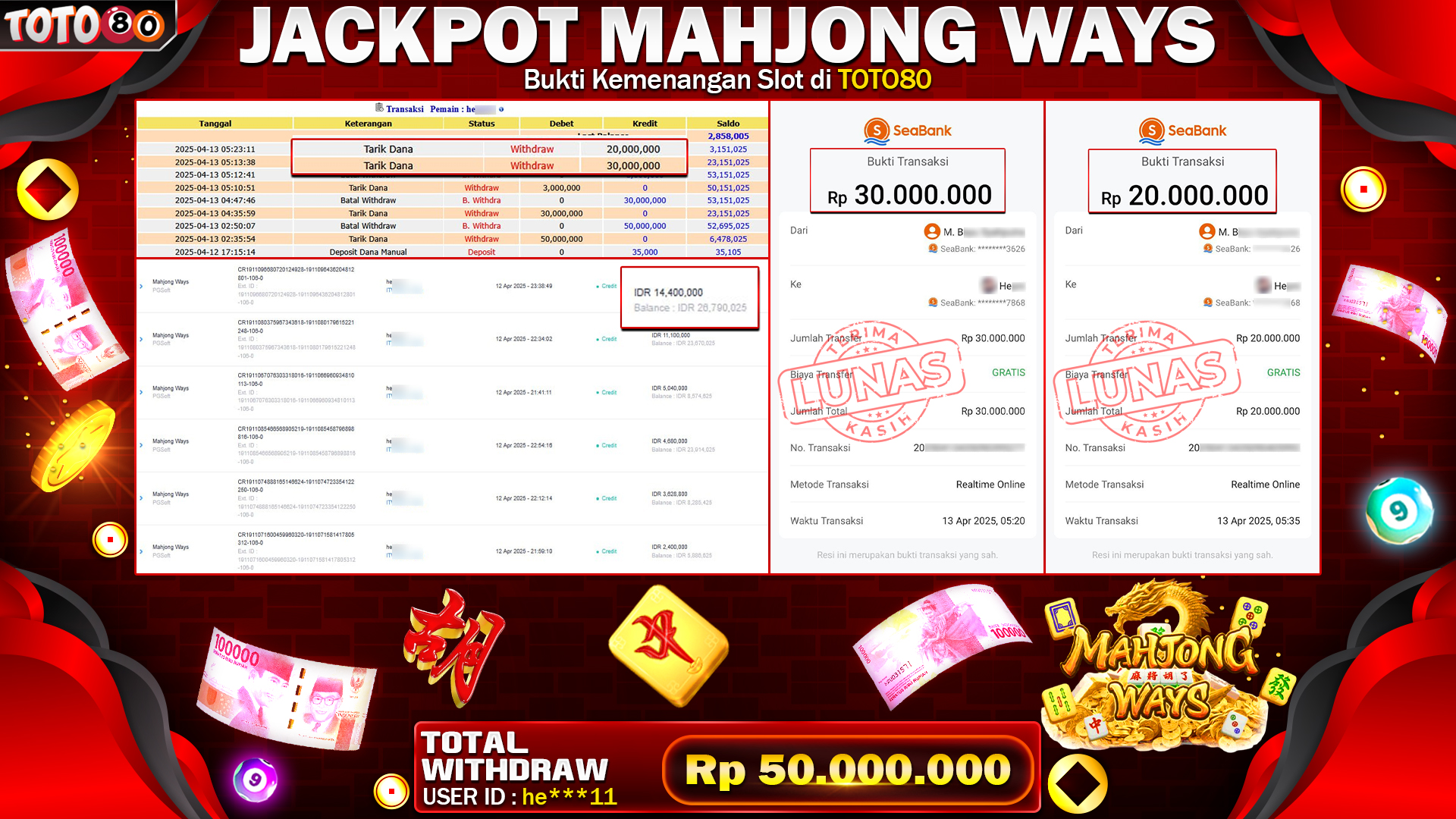 TOTO80 JACKPOT MAHJONG WAYS Rp.50.000.000,- LUNAS