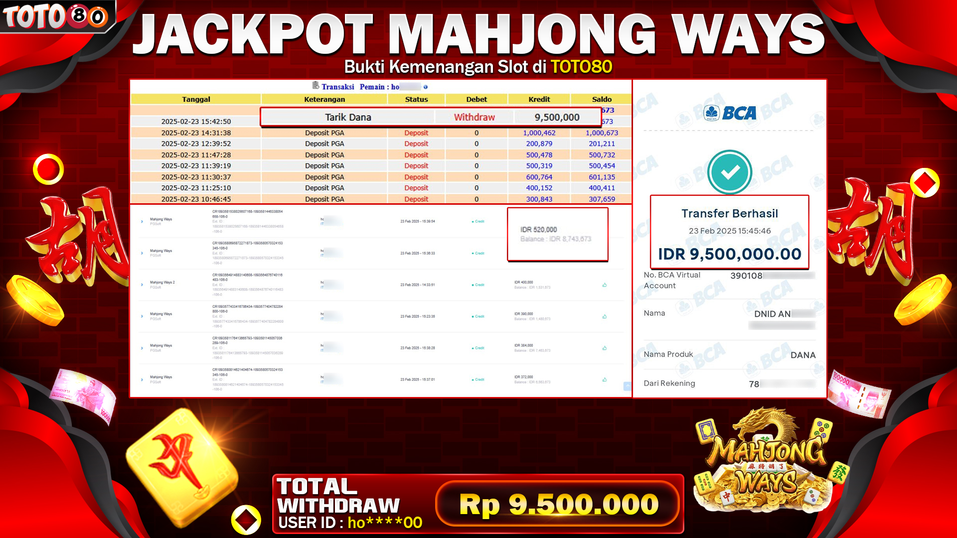 TOTO80 JACKPOT MAHJONG WAYS  Rp.9.500.000,- LUNAS
