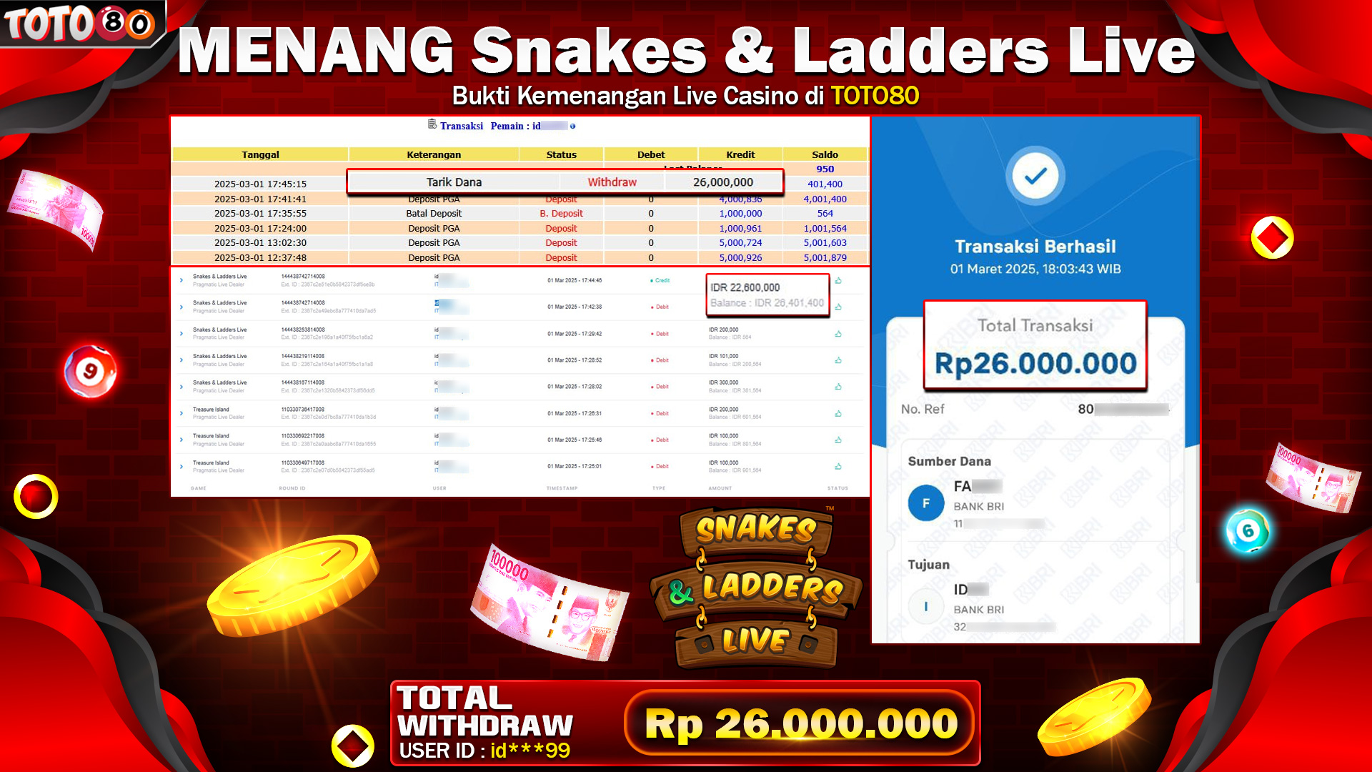 TOTO80 JACKPOT SNAKES & LADDERS LIVE Rp.26.000.000,- LUNAS
