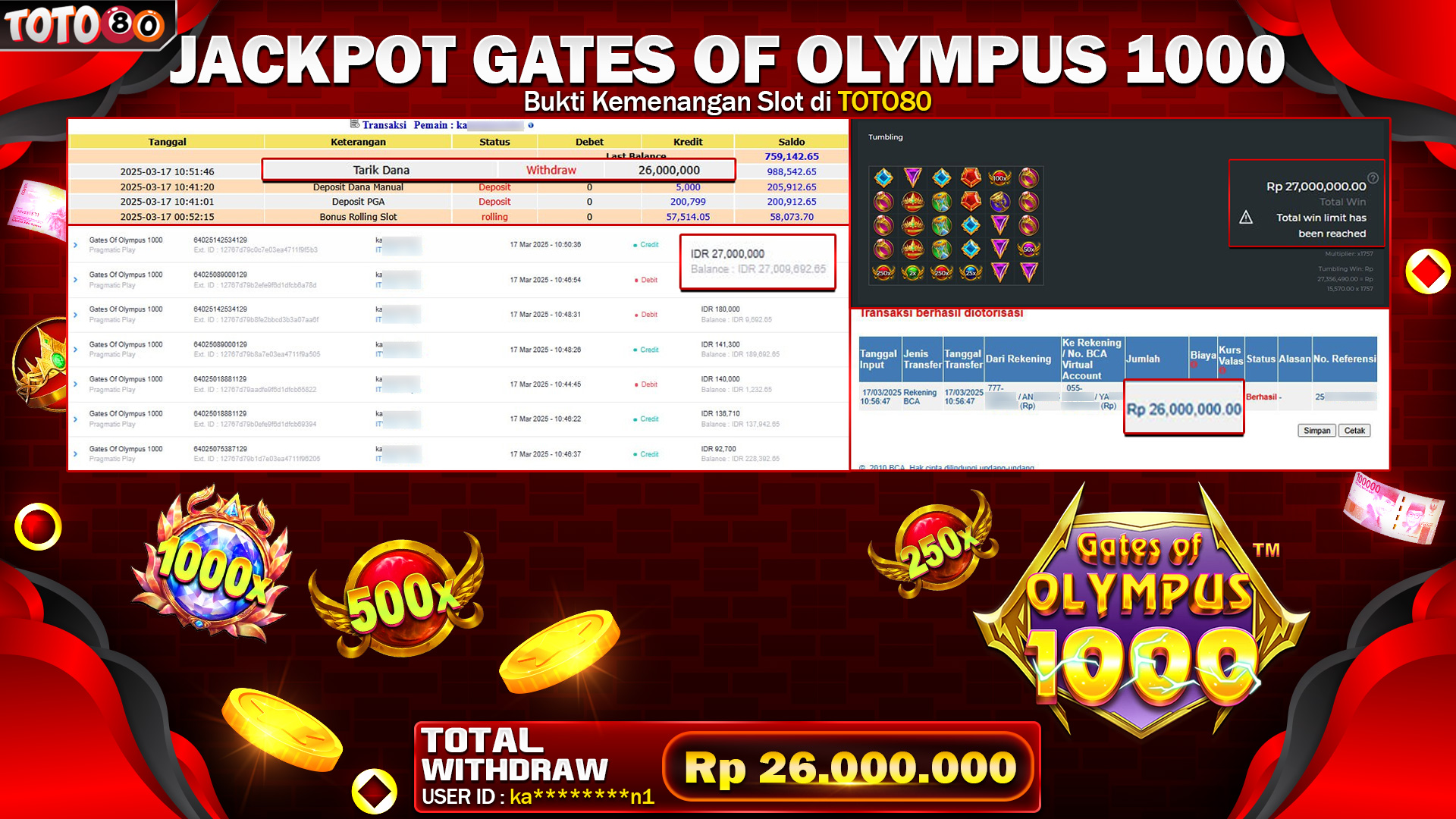 TOTO80 JACKPOT GATES OF OLYMPUS 1000 Rp.26.000.000,- LUNAS