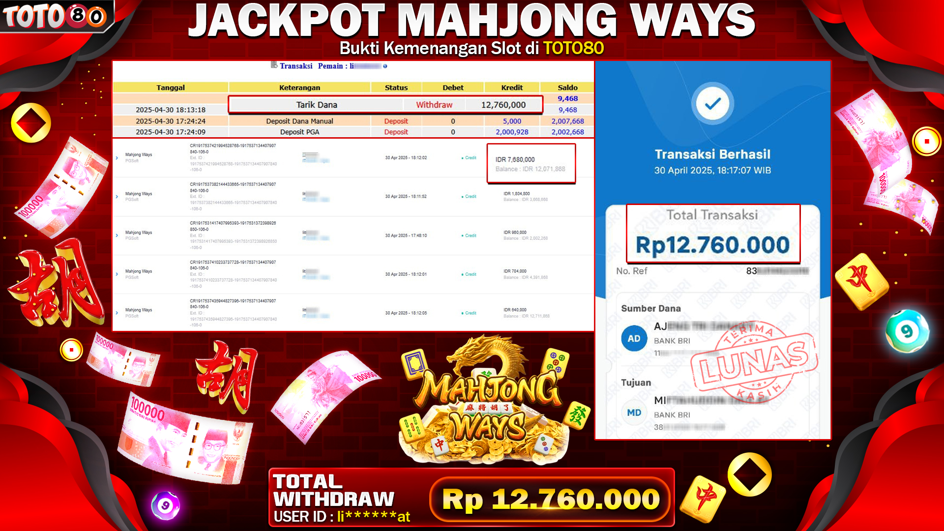TOTO80 JACKPOT MAHJONG WAYS  Rp.12.760.000,- LUNAS
