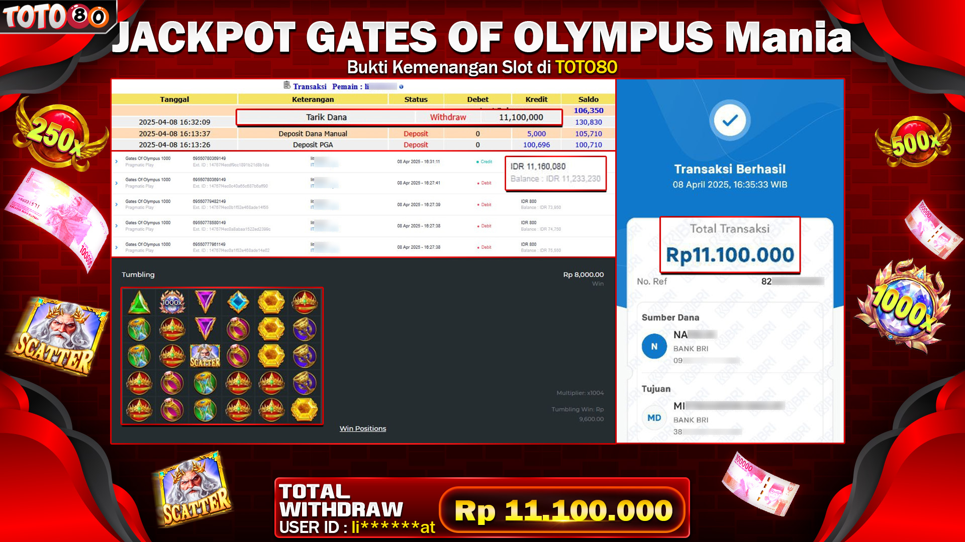 TOTO80 JACKPOT GATES OF OLYMPUS MANIA  Rp.11.100.000,- LUNAS