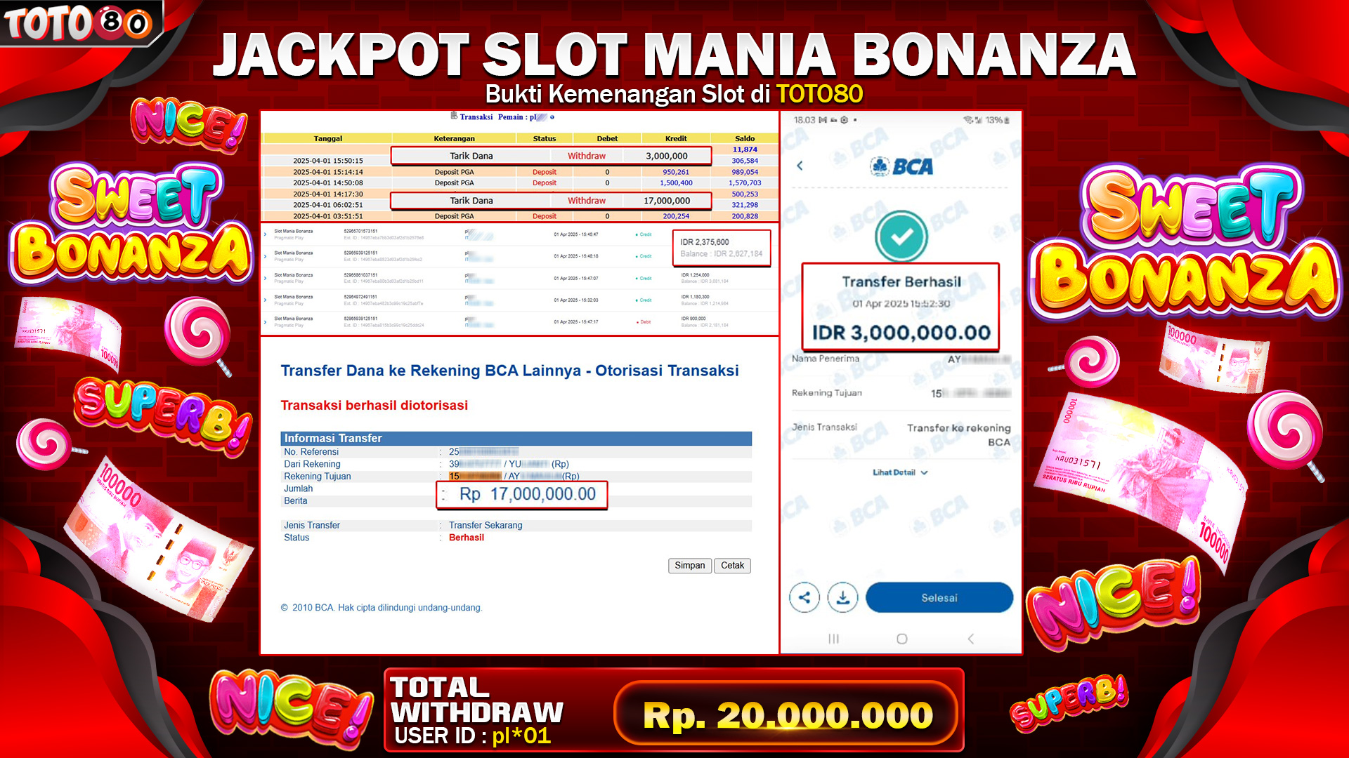 TOTO80 JACKPOT SLOT MANIA BONANZA  Rp.20.000.000,- LUNAS