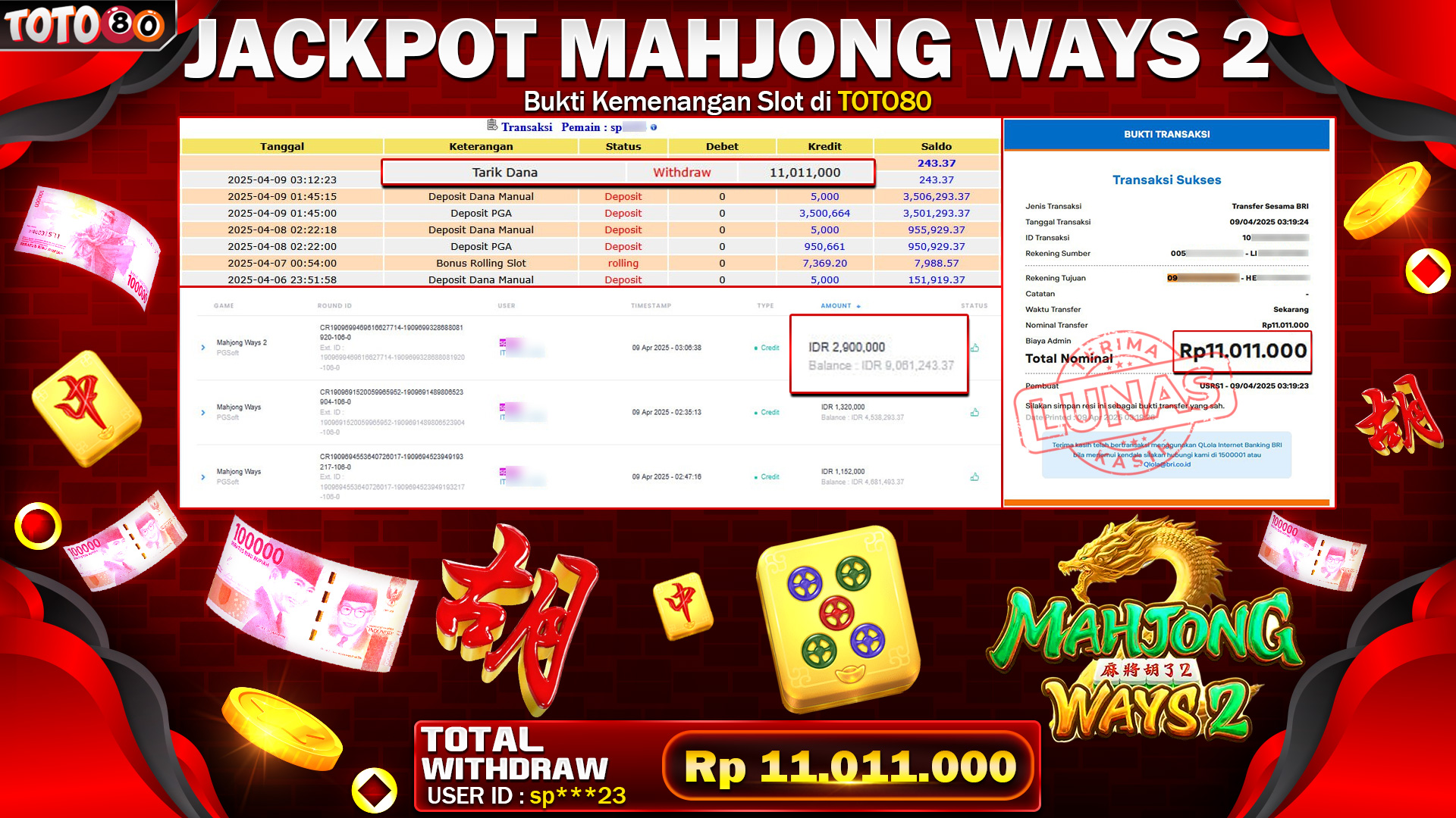 TOTO80 JACKPOT MAHJONG WAYS 2   Rp.11.011.000,- LUNAS