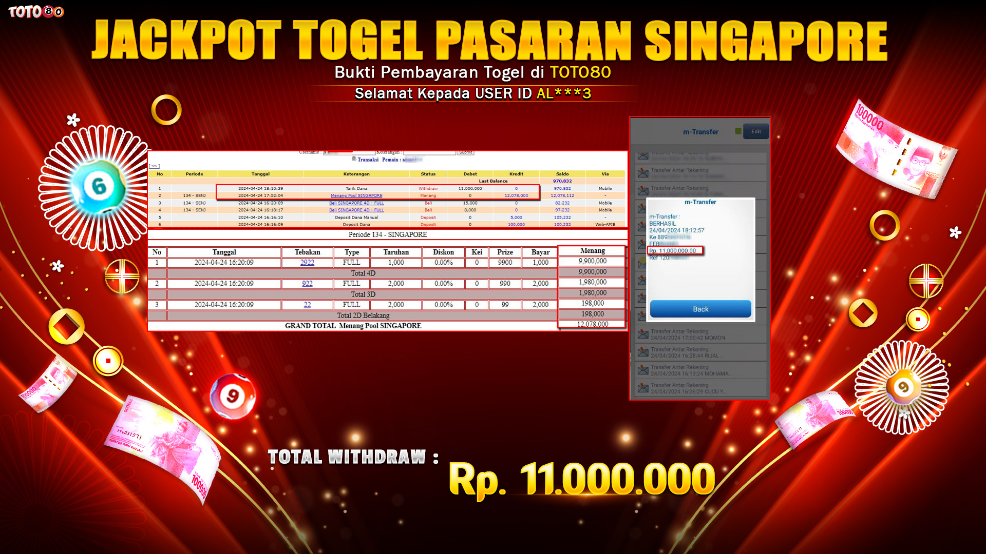 TOTO80 JACKPOT 4D 3D 2D TOGEL PASARAN SINGAPORE Rp.11.000.000,- LUNAS