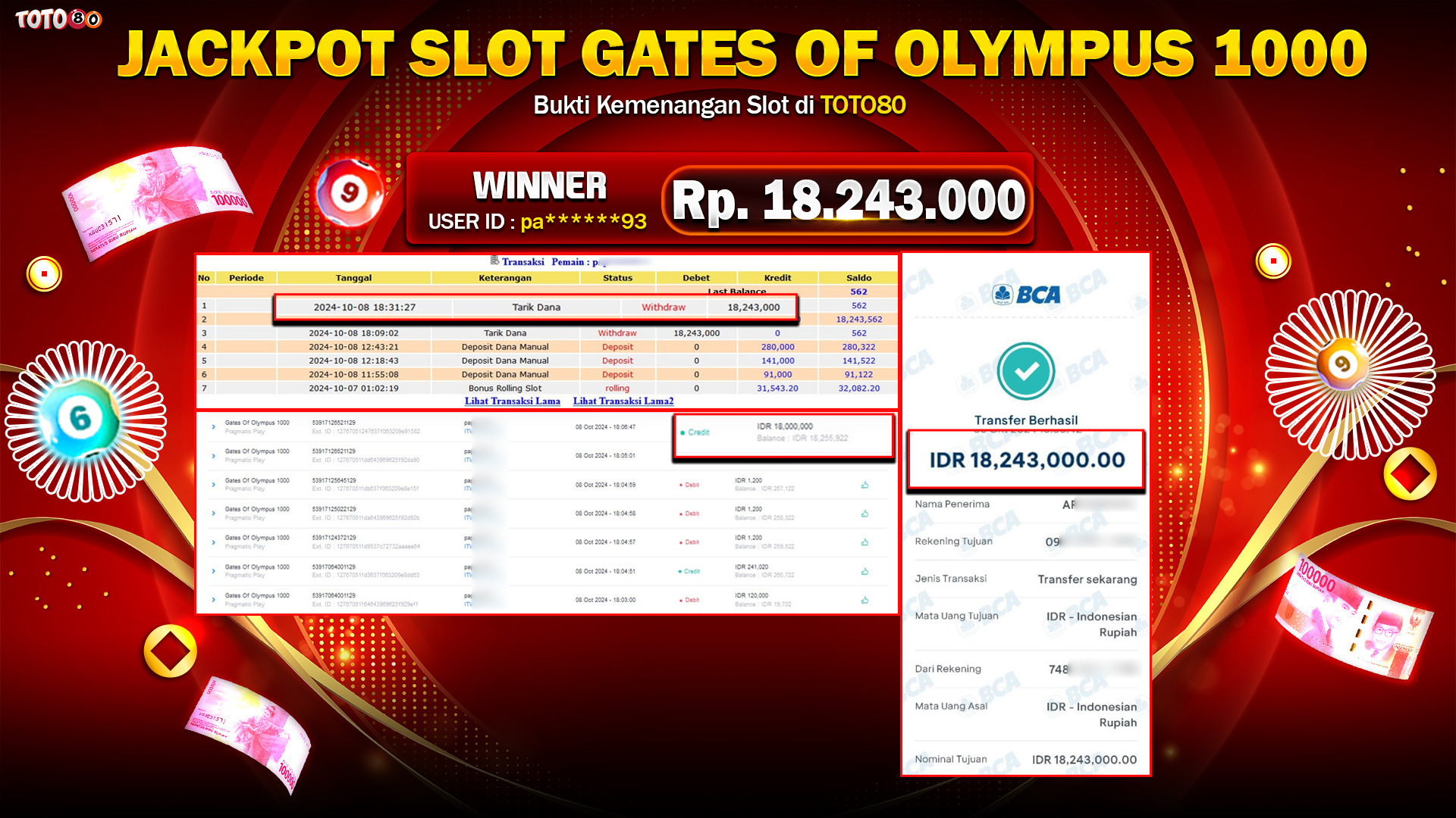 TOTO80 JACKPOT GATES  OF  OLYMPUS 1000  Rp.18.243.000,- LUNAS