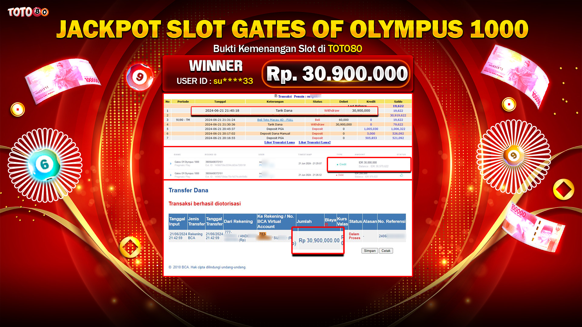 TOTO80 JACKPOT SLOT GATES OF OLYMPUS  1000 Rp.30.900.000,- LUNAS