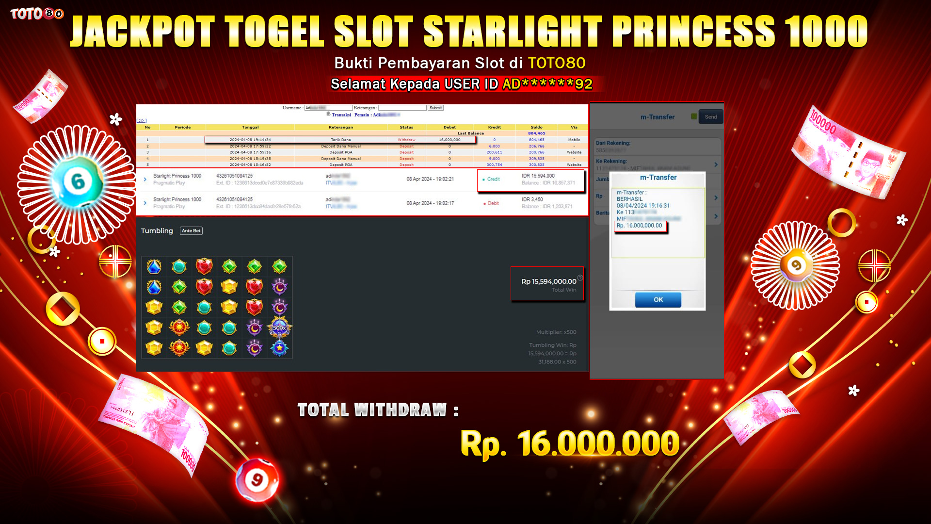 TOTO80 JACKPOT SLOT PRINCES STARLIGHT X1000  Rp.16.000.000,- LUNAS