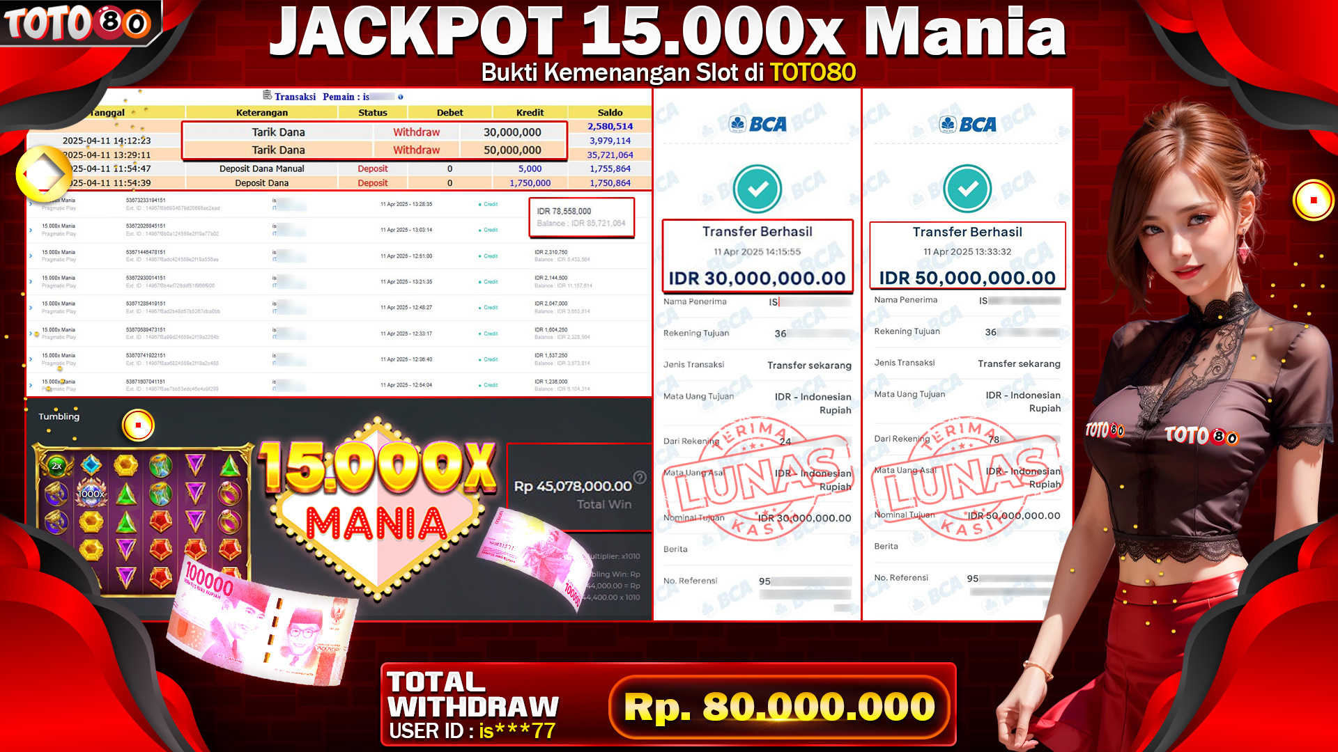 TOTO80 JACKPOT 15.000x MANIA Rp.80.000.000,- LUNAS