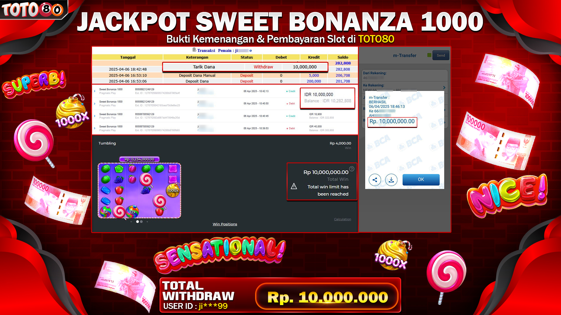 TOTO80 JACKPOT SWEET BONANZA 1000 Rp.10.000.000,- LUNAS