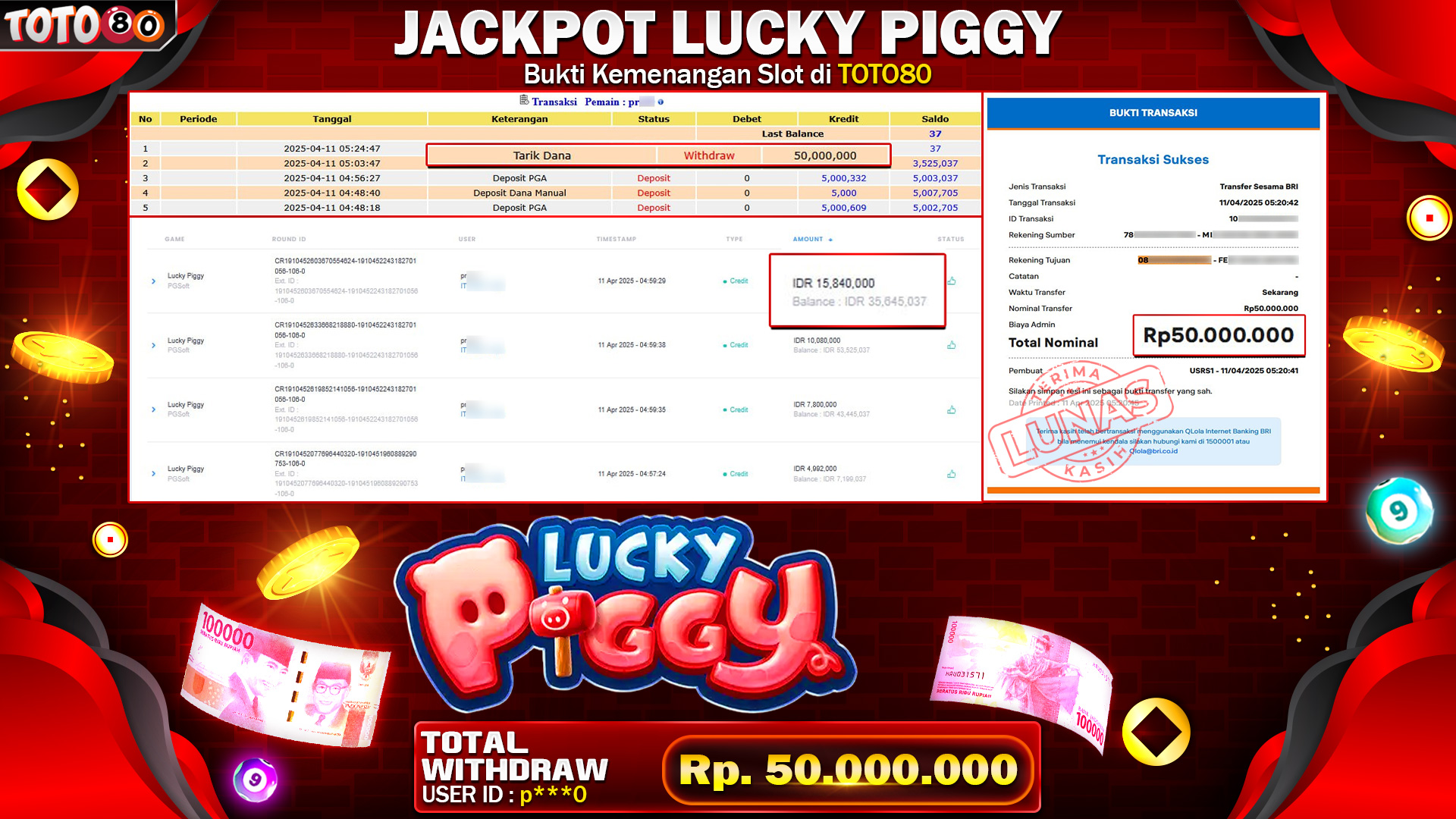 TOTO80 JACKPOT LUCKY PIGGY   Rp.50.000.000,- LUNAS