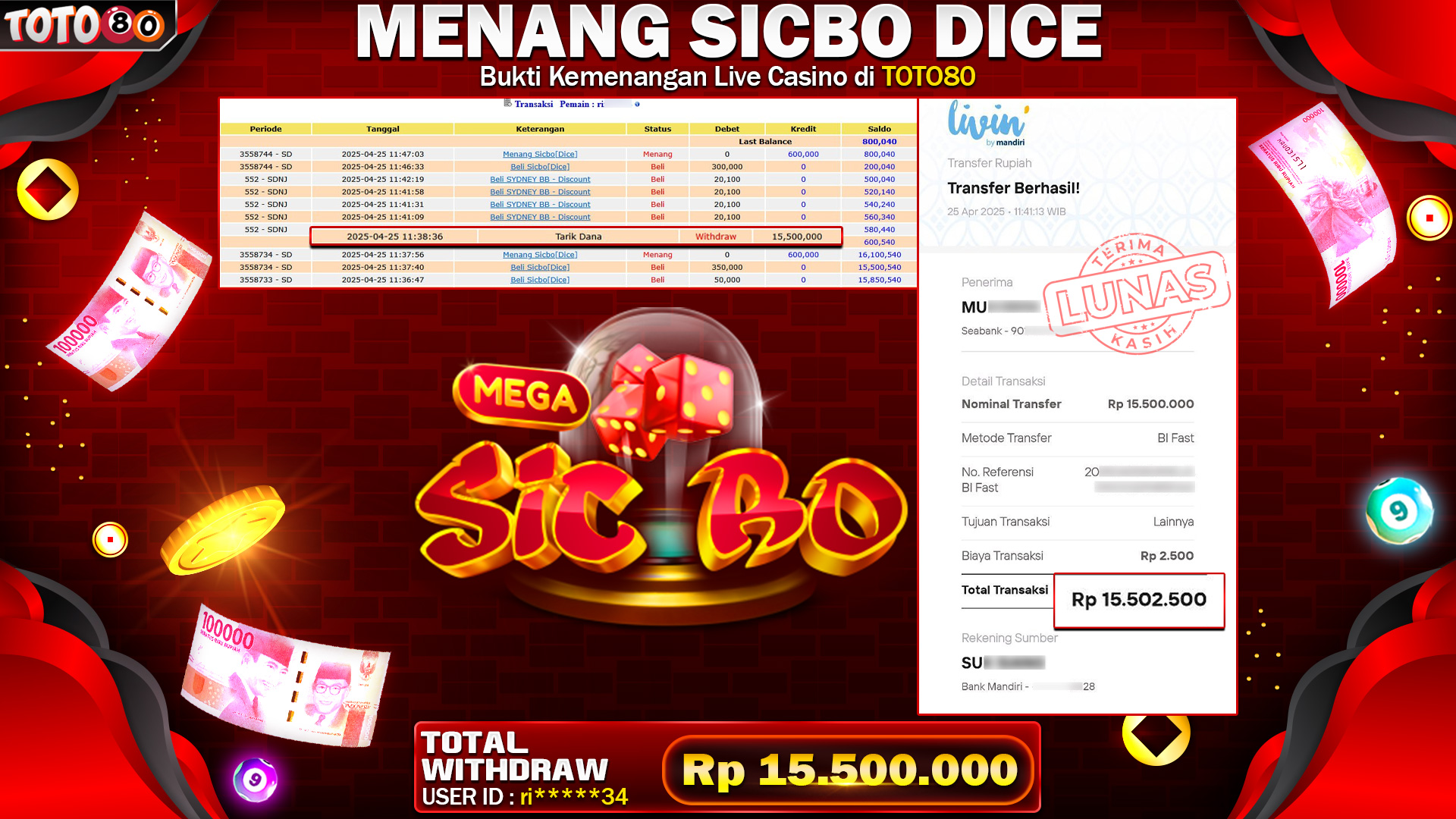 TOTO80 MENANG SICBO DICE  Rp.15.500.000,- LUNAS