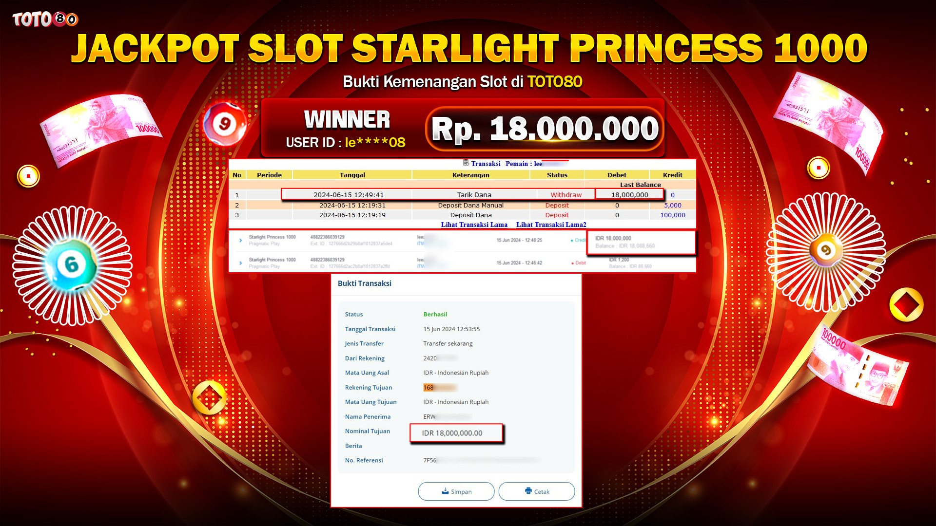 TOTO80 JACKPOT SLOT STARLIGHT PRINCESS 1000 Rp.18.000.000,- LUNAS