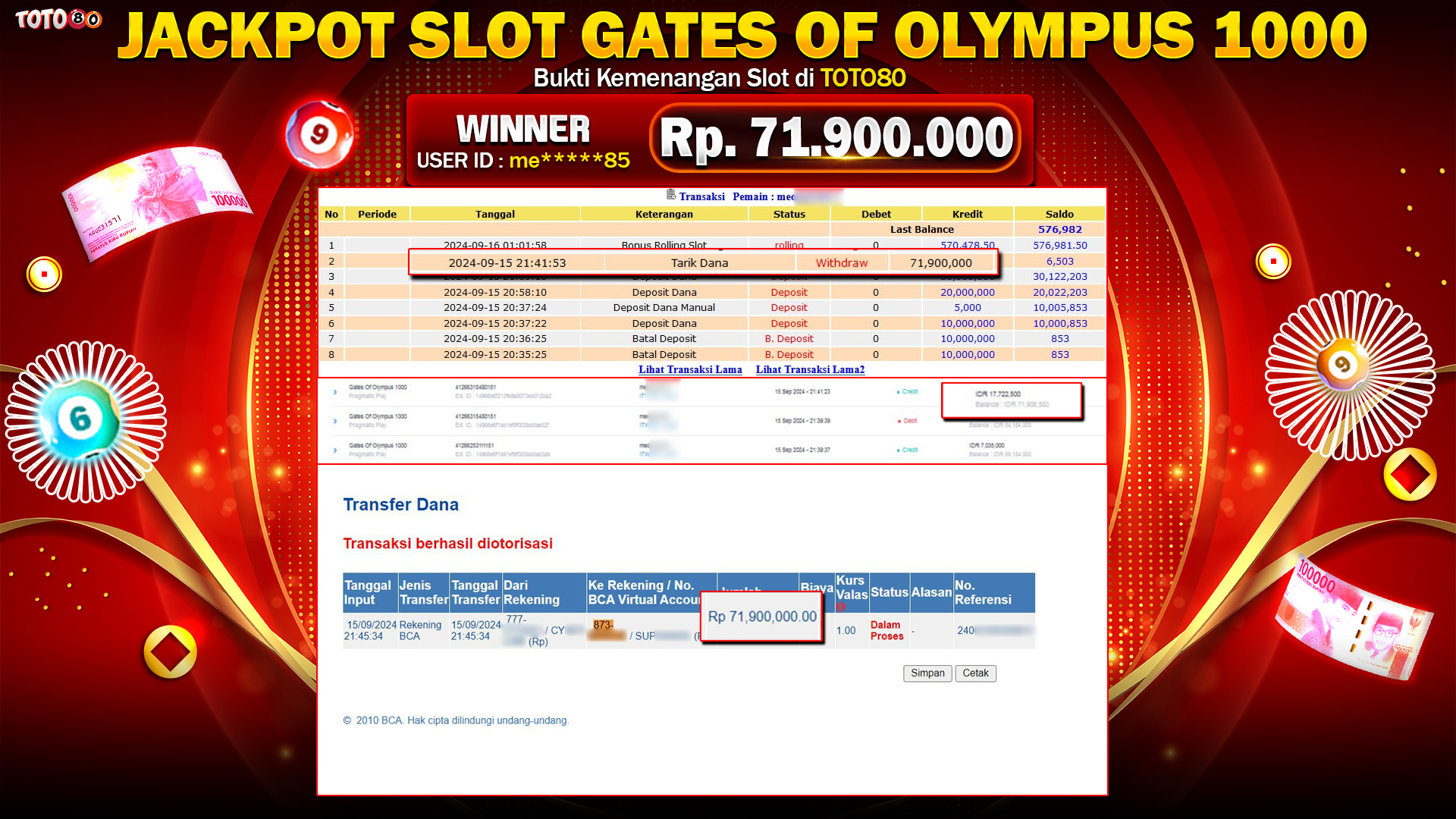 TOTO80 JACKPOT GATES OF OLYMPUS 1000 Rp.71.900.000,- LUNAS